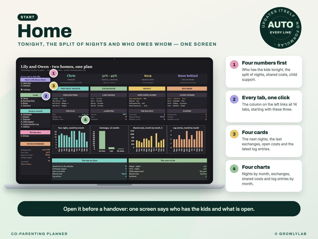 Co Parenting Planner Spreadsheet — Home dashboard