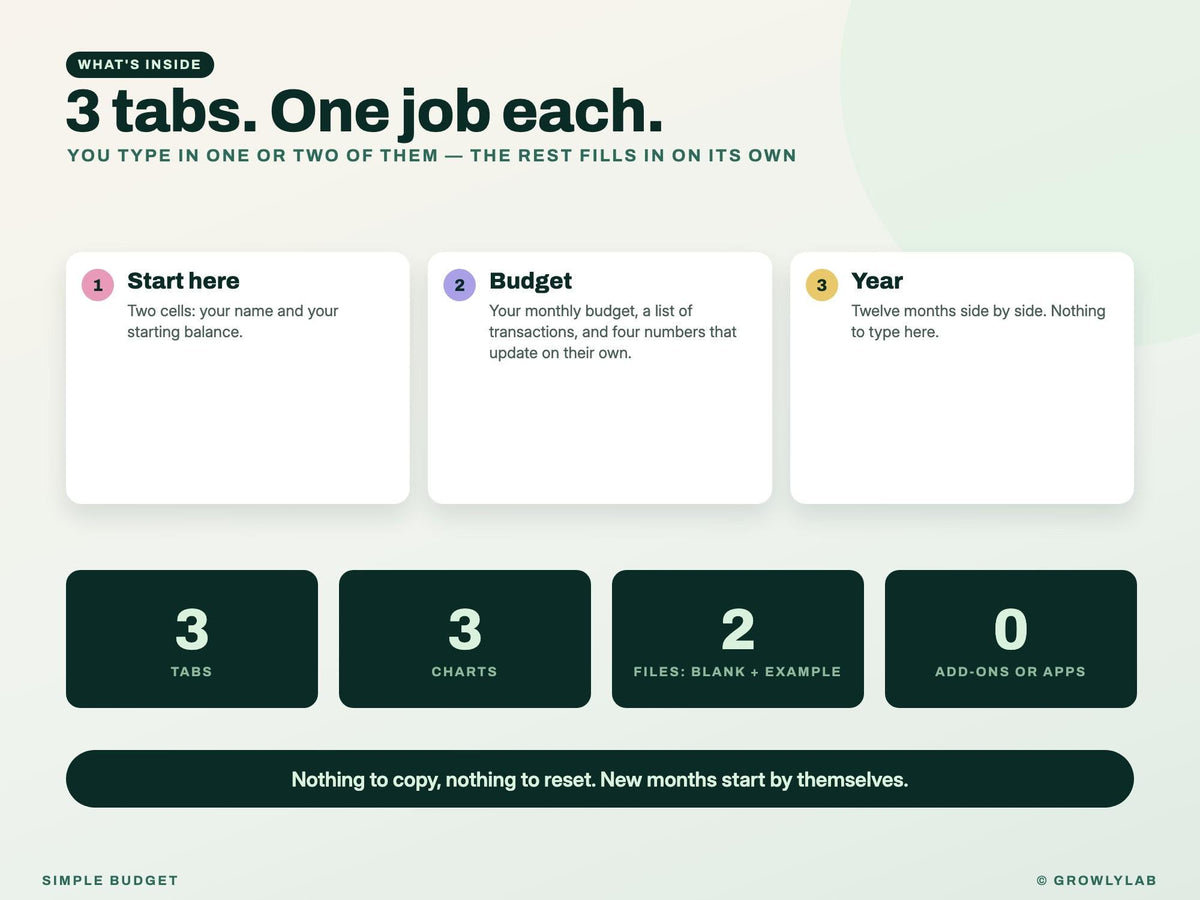 Budget Template for Google Sheets and Excel — everything inside