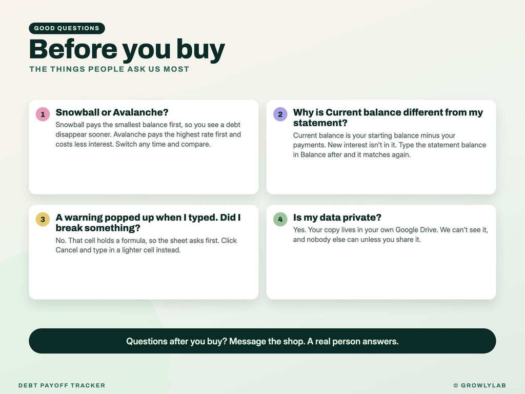 Debt Payoff Tracker for Google Sheets and Excel — questions