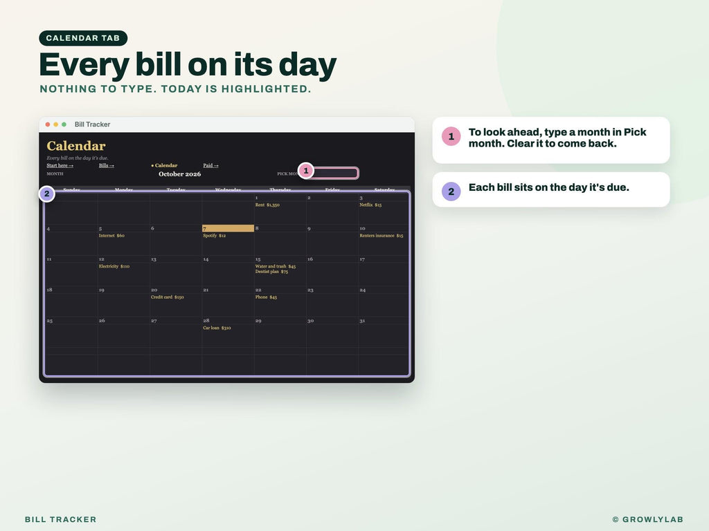 Monthly Bill Tracker for Google Sheets and Excel — calendar