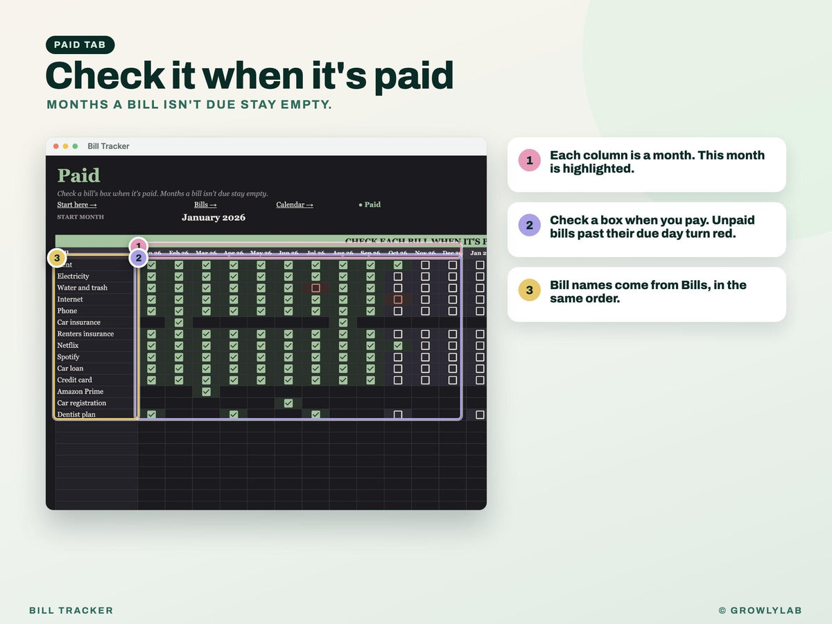 Monthly Bill Tracker for Google Sheets and Excel — paid