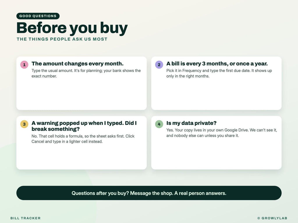 Monthly Bill Tracker for Google Sheets and Excel — questions