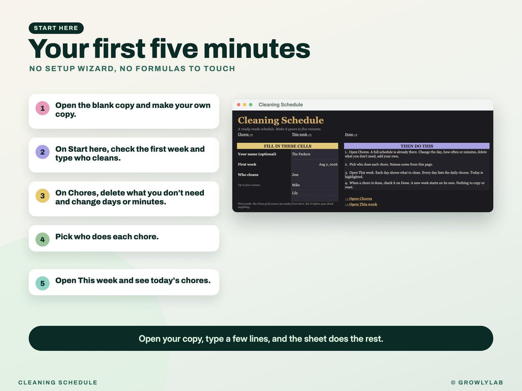 Cleaning Schedule for Google Sheets and Excel — start