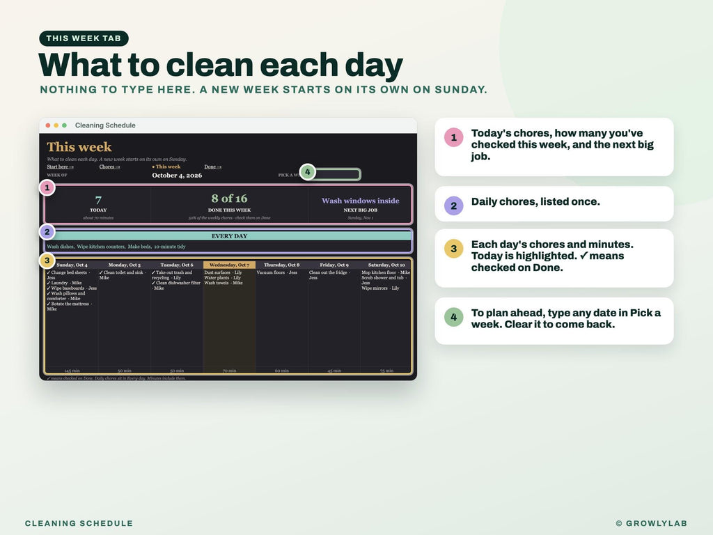 Cleaning Schedule for Google Sheets and Excel — this week