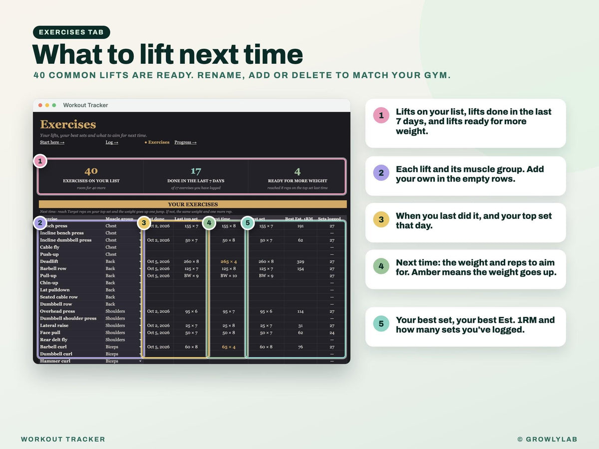 Workout Tracker Google Sheets Excel Spreadsheet — exercises