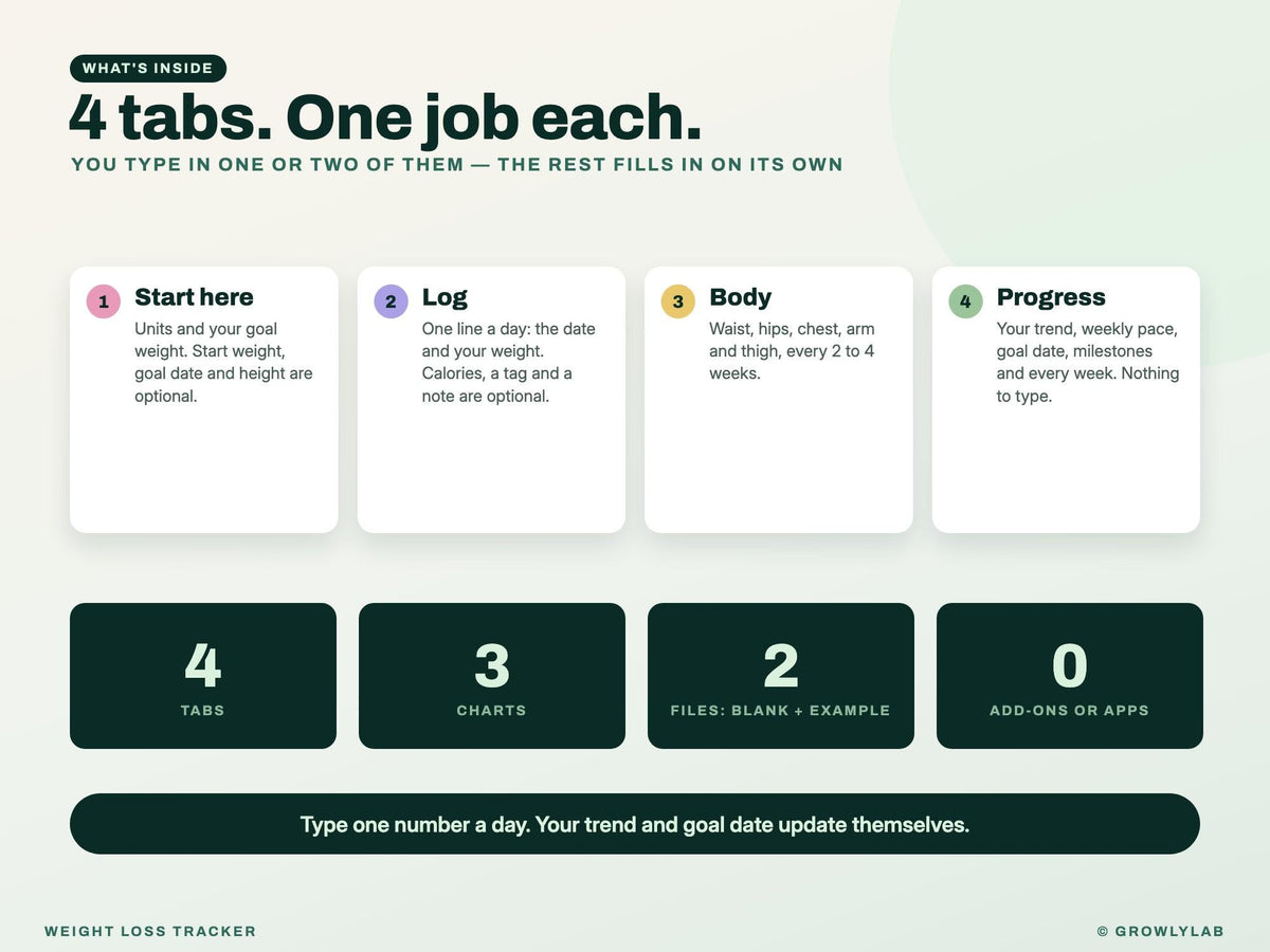 Weight Loss Tracker Google Sheets Excel Spreadsheet — everything inside
