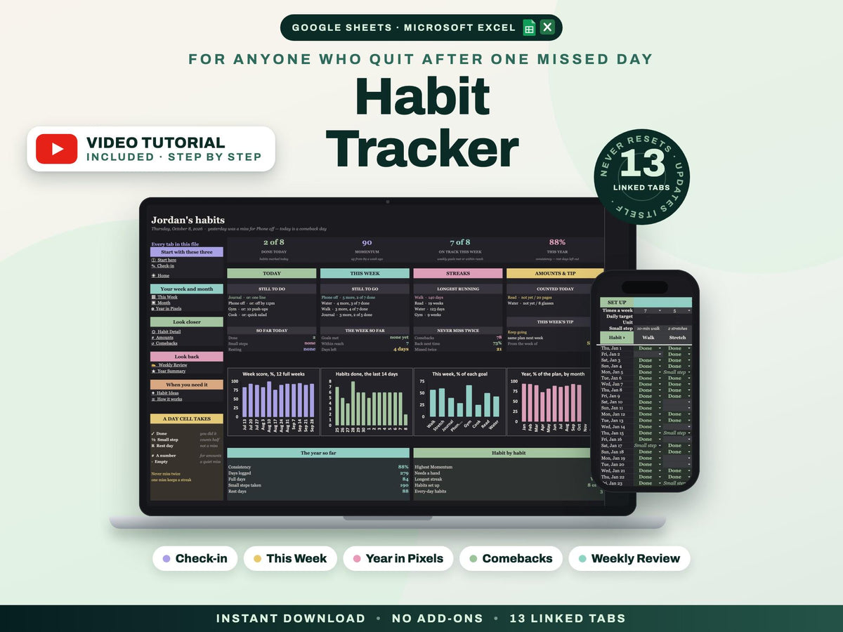 Habit Tracker Spreadsheet Google Sheets Excel Dark Mode Yearly Habit Planner Daily Weekly Habit Goals Routine Tracker Streak Tracker — cover