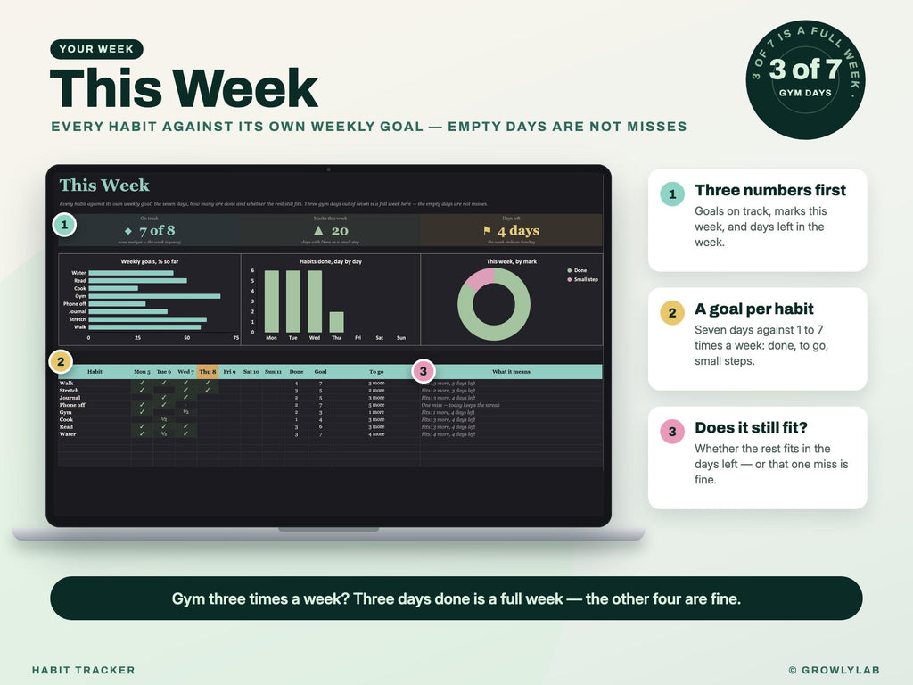 Habit Tracker Spreadsheet Google Sheets Excel Dark Mode Yearly Habit Planner Daily Weekly Habit Goals Routine Tracker Streak Tracker — this week