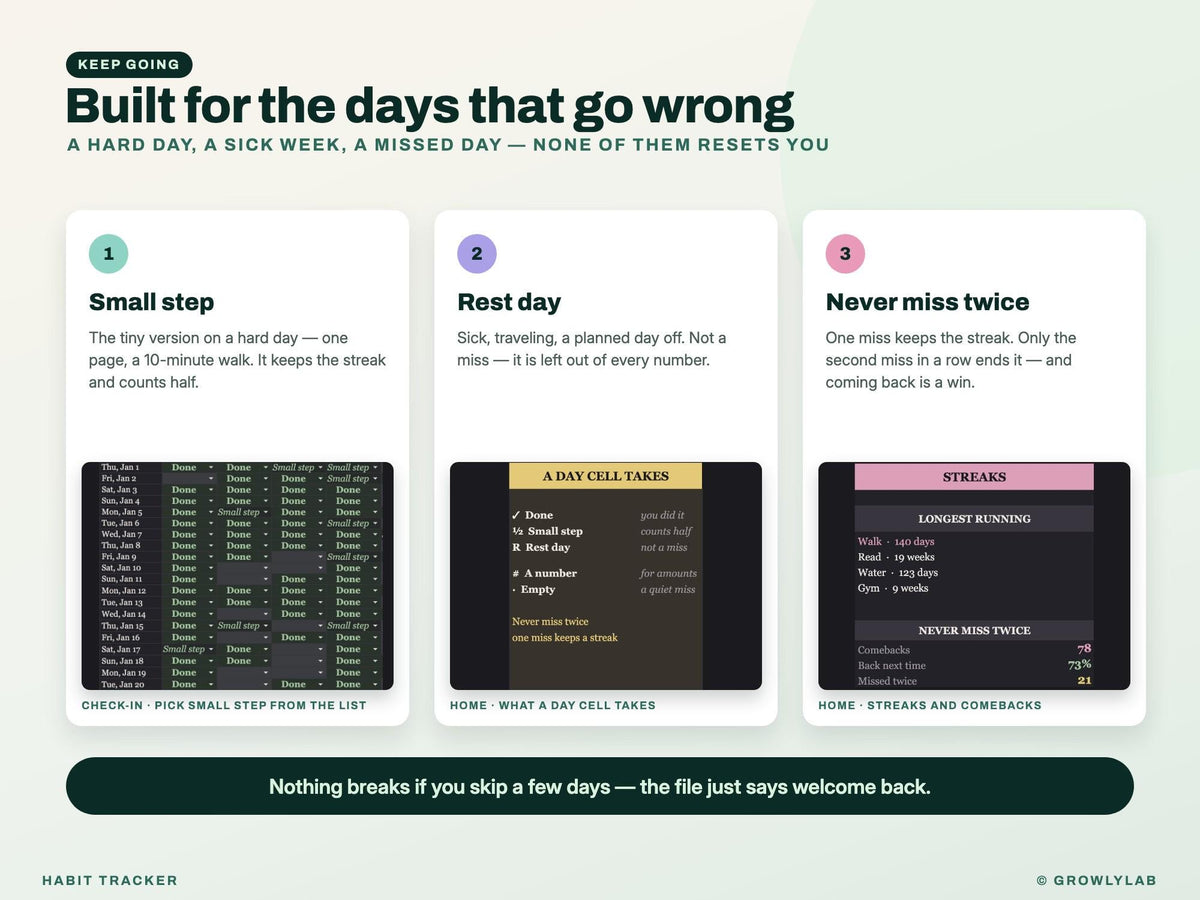 Habit Tracker Spreadsheet Google Sheets Excel Dark Mode Yearly Habit Planner Daily Weekly Habit Goals Routine Tracker Streak Tracker — check-in and catch-up