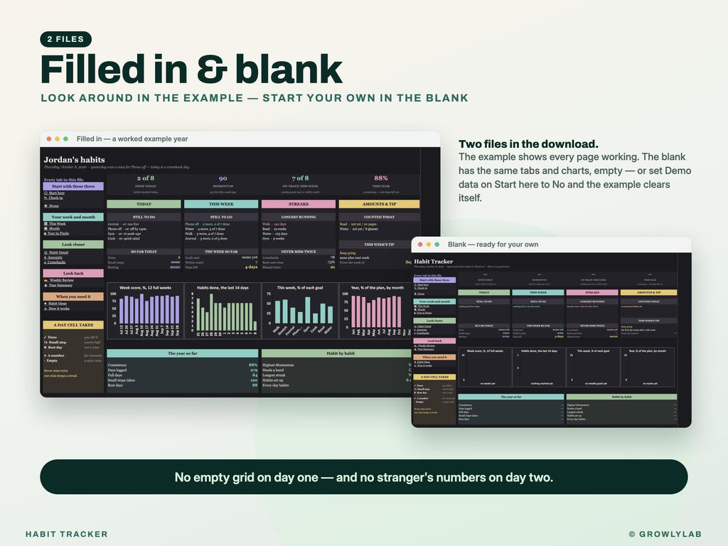Habit Tracker Spreadsheet Google Sheets Excel Dark Mode Yearly Habit Planner Daily Weekly Habit Goals Routine Tracker Streak Tracker — filled in and blank