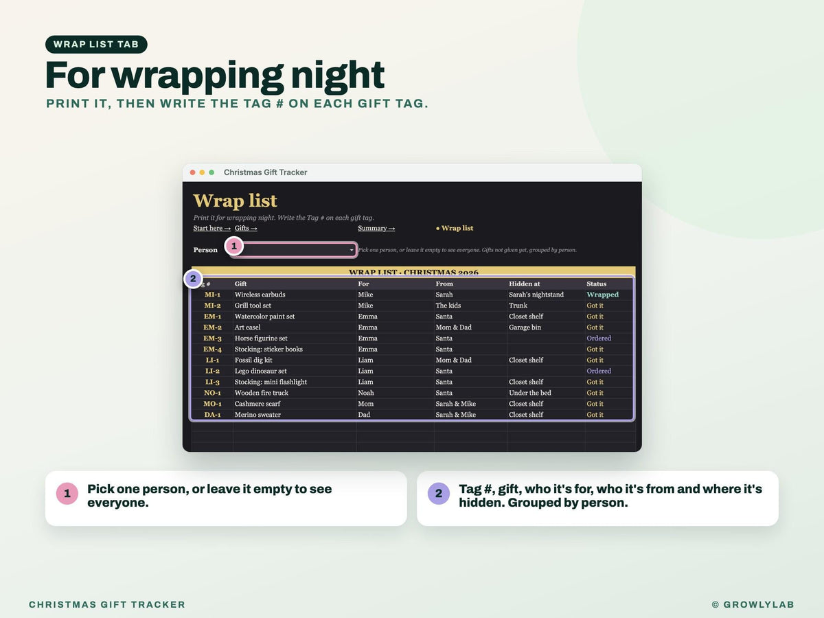 Christmas Gift Tracker Spreadsheet Google Sheets Excel — wrap list