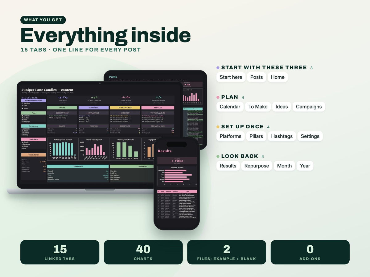Content Calendar Spreadsheet — everything inside