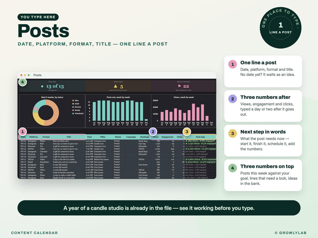 Content Calendar Spreadsheet — where you type