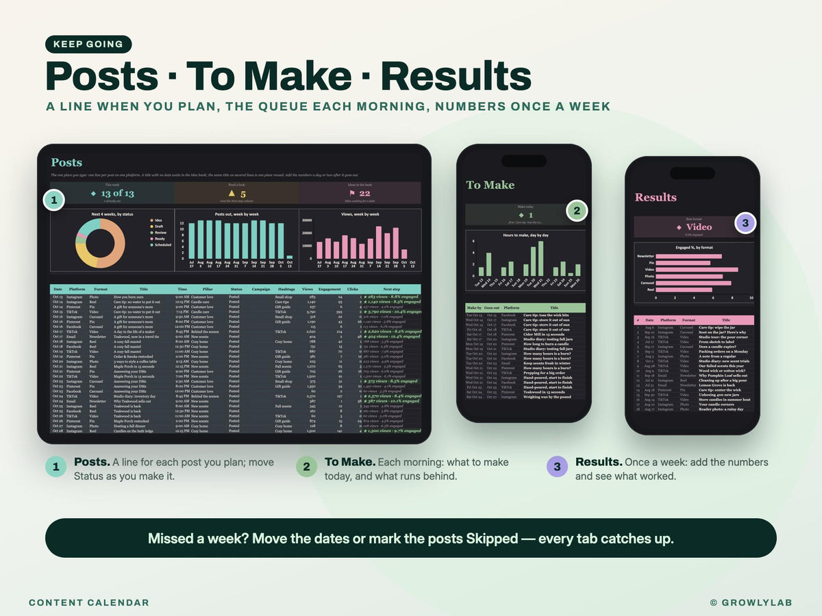 Content Calendar Spreadsheet — check-in and catch-up