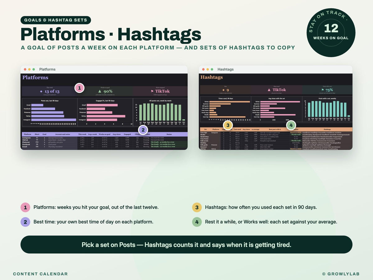 Content Calendar Spreadsheet — platforms hashtags