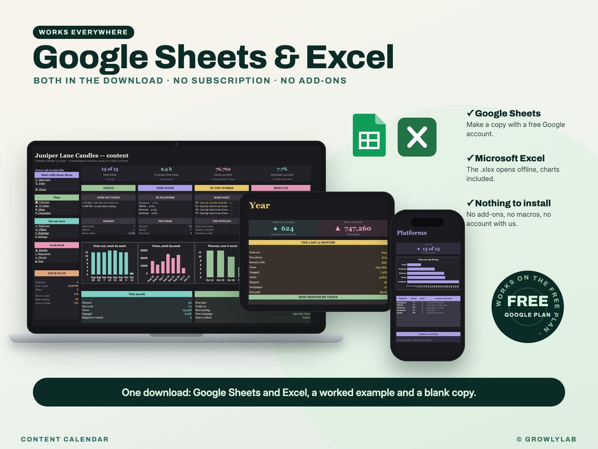 Content Calendar Spreadsheet — Google Sheets and Excel