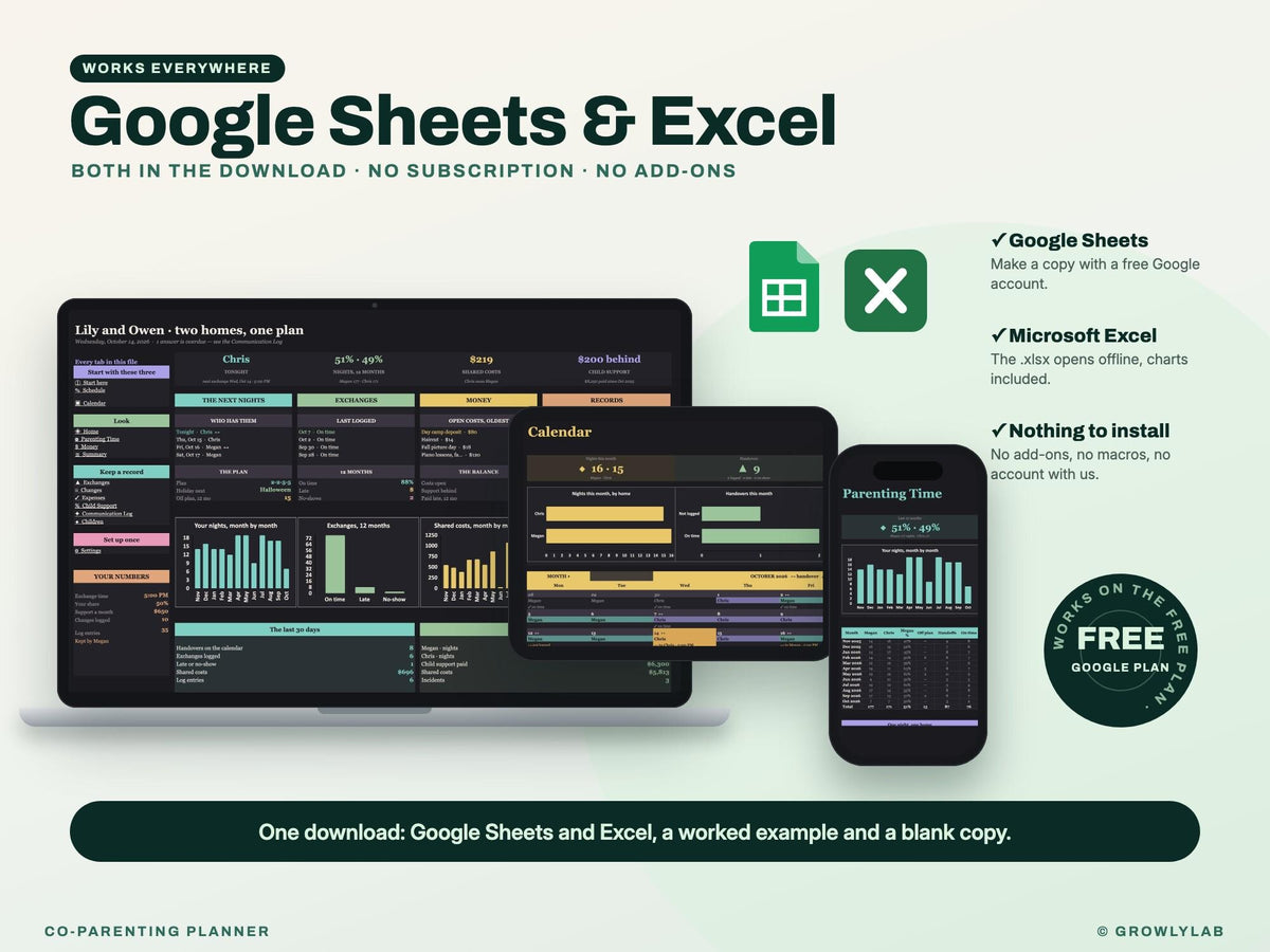 Co Parenting Planner Spreadsheet — Google Sheets and Excel
