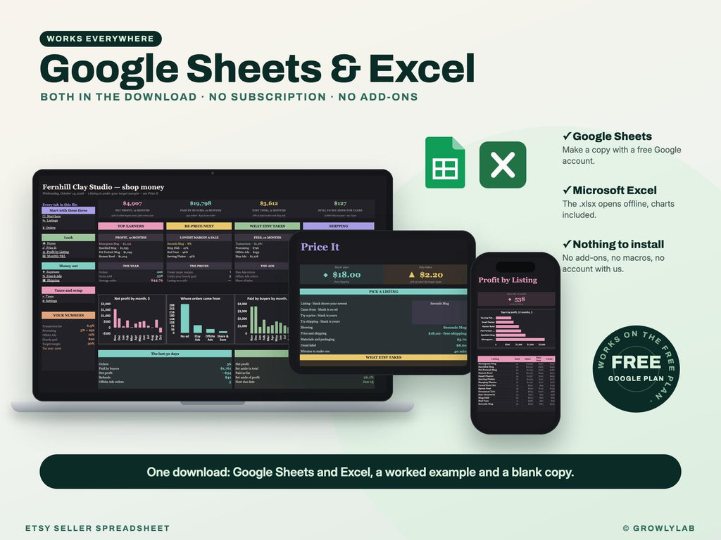 Etsy Seller Spreadsheet — Google Sheets and Excel