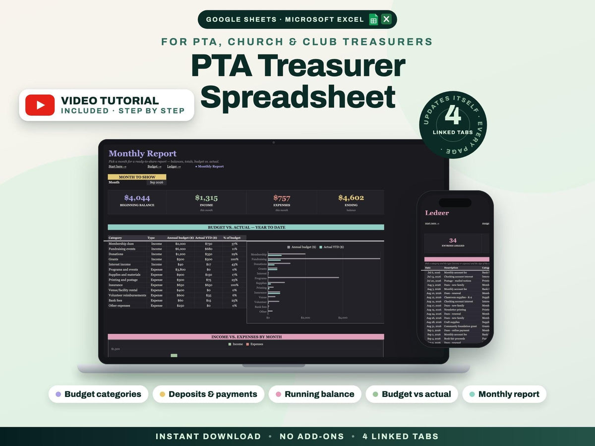 PTA Treasurer Spreadsheet for Church and Club — cover