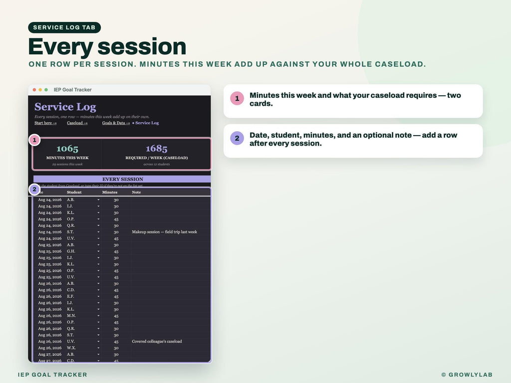 IEP Goal Tracker Spreadsheet Google Sheets — service log