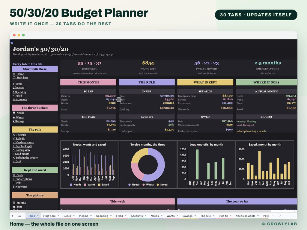 50/30/20 Budget Planner Spreadsheet for Google Sheets and Excel