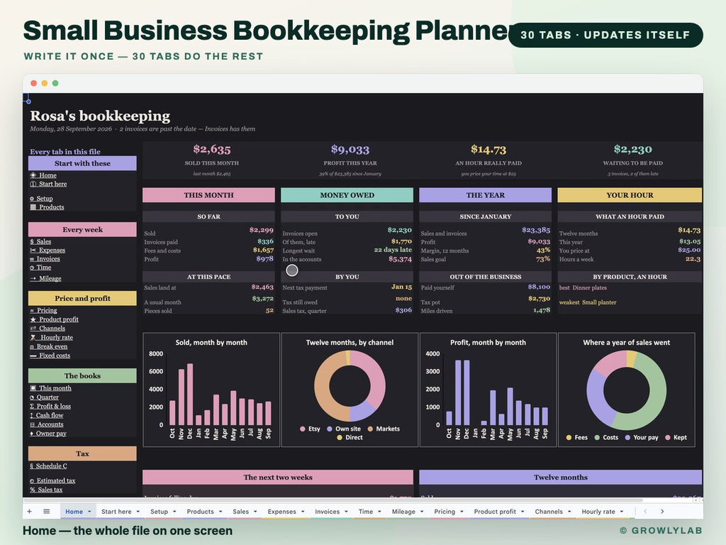 Small Business Bookkeeping Planner Spreadsheet for Google Sheets and Excel